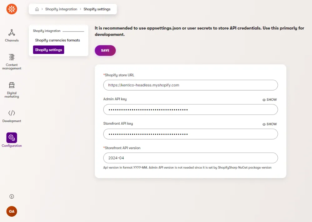 Configuration of Shopify API credentials within Xperience by Kentico