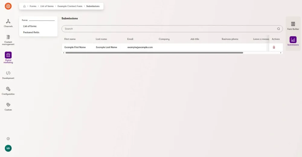 Initial order of columns in the Form Submissions listing, with Form inserted not being visible.