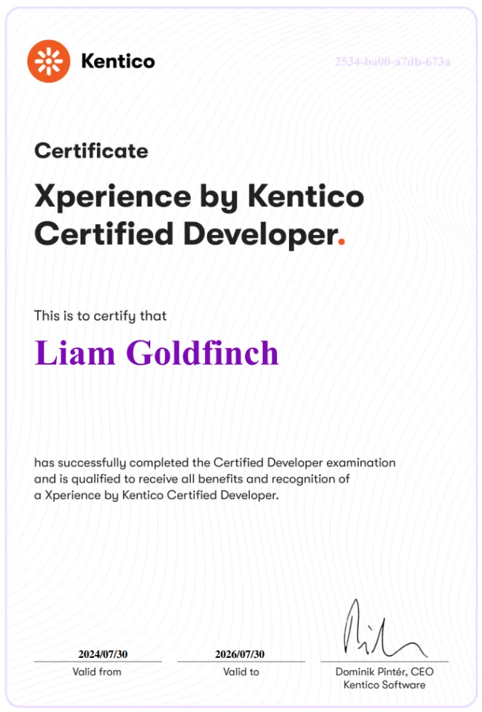 Certificate awarded upon successfully passing the Developer Certification