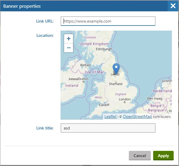 Example widget properties demonstrating the location form component.