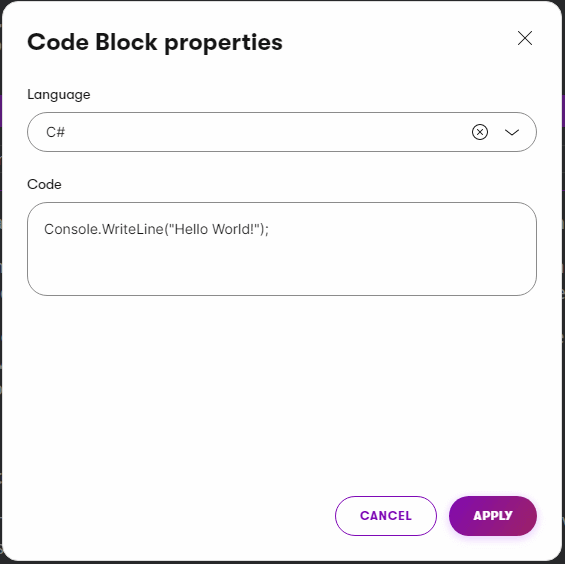 Code block widget properties modal using ReactJS editing components