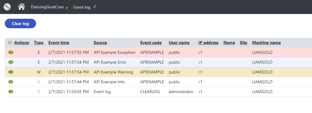 Event log showing the exception captured